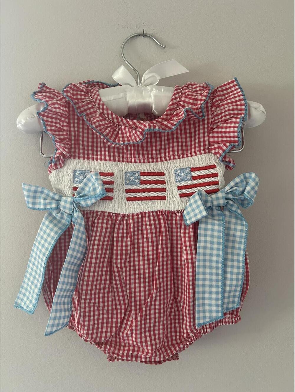 4th of July Romper with Smocking and American Flag Embroidery Size 6-12 Months